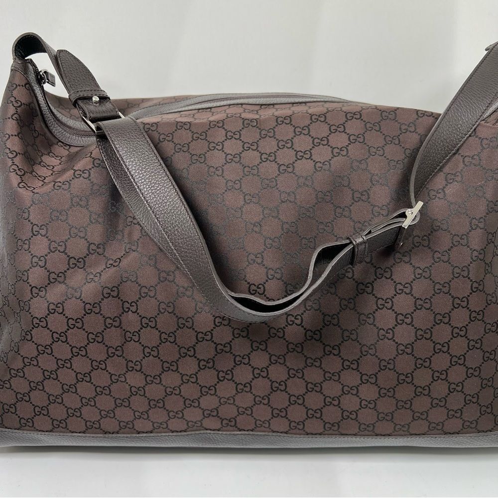 Gucci Monogram GG Nylon Boston Duffle Travel Bag Leather Brown 2Way105669 - Picture 4 of 15